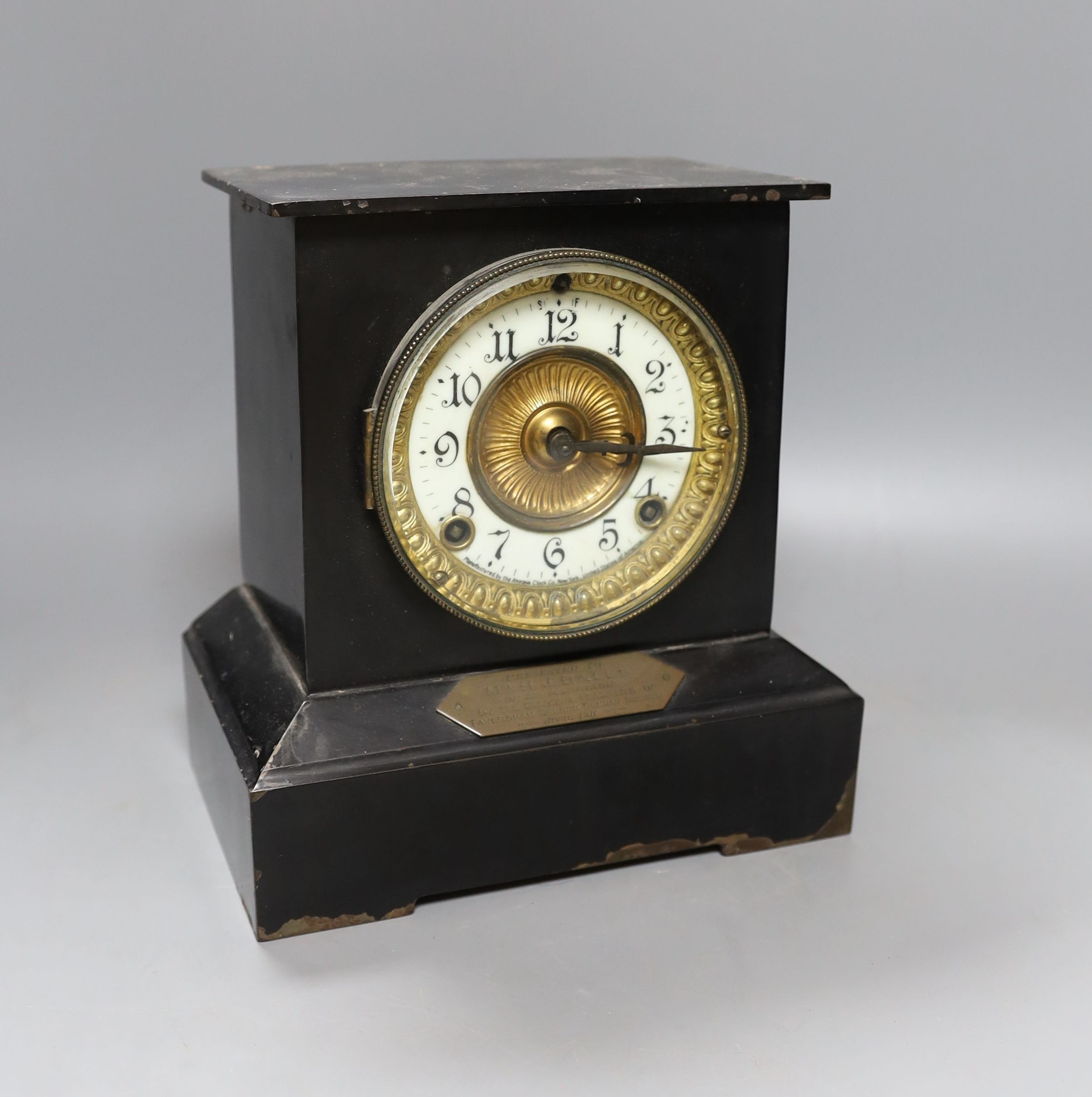 A c.1900 Ansonia, New York, marriage mantel clock presented to ‘Mr H. J Halls’ - 24cm tall